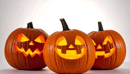 Trio of Glowing Jack-o'-Lanterns with Unique Carved Faces on White Background
