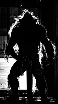 Enigmatic silhouette: stark monochrome composition unveils a cryptic anthropomorphic figure