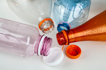 Empty plastic bottles, beverage containers. Recyclable material.