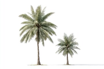 Two palm trees against a white background.  A tall, full-bodied palm stands beside a smaller, similar palm.  Both have light green fronds and slender trunks.  Clear, bright lighting