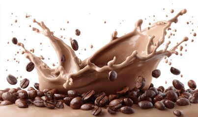 A splash of liquid coffee,  surrounded by coffee beans