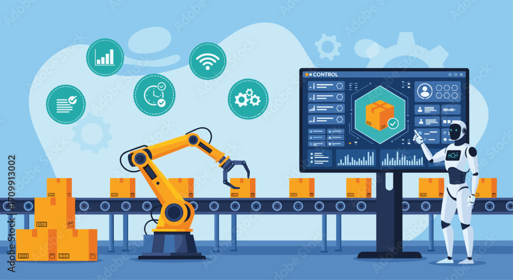 Poster automated factory robot arm and humanoid robot collaborate on modern production line