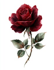 Deep crimson rose, detailed botanical illustration