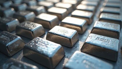Rows of shiny silver bars neatly stacked, reflecting light with metallic sheen. Close-up shot emphasizes texture, quality of precious metal, suitable for finance, investment, luxury contexts.