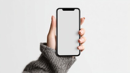 A hand holding a smartphone with a blank screen. A close-up shot of a person's hand in a gray sweater holding a black smartphone against a plain light gray background.
