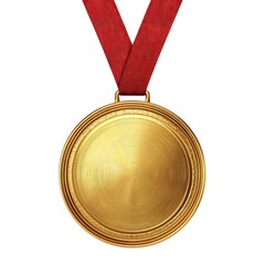 Gold medal with red ribbon.  A round, gold medal hangs from a red ribbon.  The medal's surface is a polished, golden yellow, with concentric rings around it.  The ribbon is textured