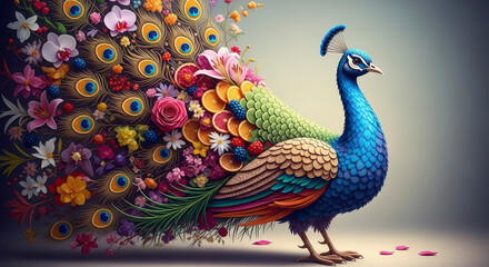 Vibrant Peacock Adorned with Floral Pixel Art on Neutral Background