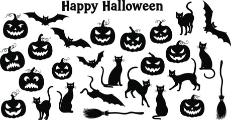 A festive halloween collection, featuring bats, cats, pumpkins, and a broomstick for creating spooky and fun designs