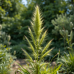 Young Bear Grass Tree plant growing in a sunny garden, as a nature background