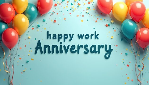 Bright festive scene with balloons, confetti celebrates happy work anniversary. Teal text on light blue background conveys joy, achievement, success in corporate business event. Vibrant, cheerful,