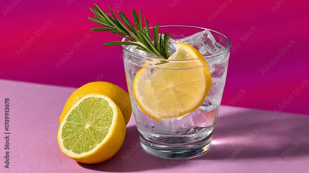Aufkleber glass of water with a slice of lemon and a sprig of rosemary on top. the image has a calming and ref