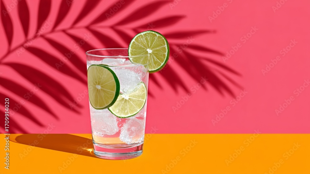 Poster glass of water with a lime slice in it. the lime slice is floating on top of the water