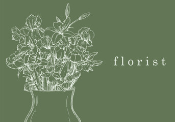Flower Shop. Florist. Hand-drawn illustration of flowers and objects. Ink. Vector	