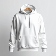 Blank white hoodie mockup hanging on a wooden hanger. Front view of a clean sweatshirt template for apparel design and branding, isolated on a light gray background
