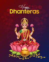 Happy Dhanteras Celebration with Goddess Lakshmi and Pot of Gold Illustration