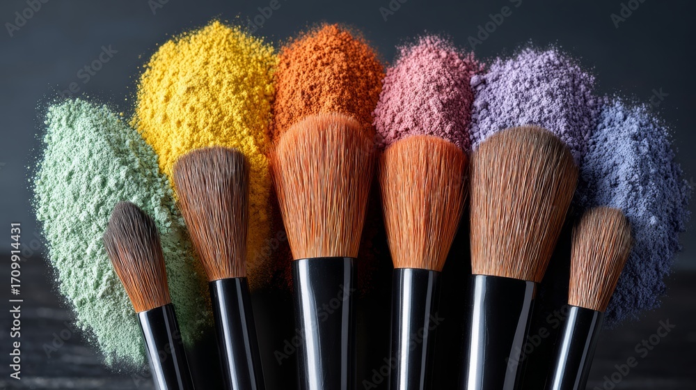 Poster row of makeup brushes with a variety of colors and textures. the brushes are arranged in a way that 