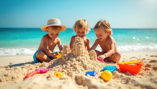 Three young children build a sandcastle together on a sunny beach, playing joyfully with colorful toys. Clear blue ocean waves gently crash in the background, creating a serene summer vacation scene.