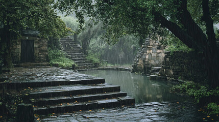 Stone Steps Leading to a Serene Pond in Forest