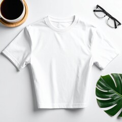 Clean White Tee with Coffee, Glasses, and a Tropical Leaf for Summer