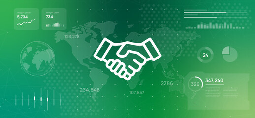 Global business partnerships networking and digital collaboration concept futuristic digital dashboard displaying world map with handshake icon
