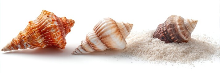 Three seashells on white background with sand