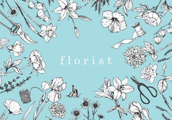 Flower Shop. Florist. Hand-drawn illustration of flowers and objects. Ink. Vector	