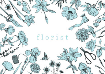 Flower Shop. Florist. Hand-drawn illustration of flowers and objects. Ink. Vector	