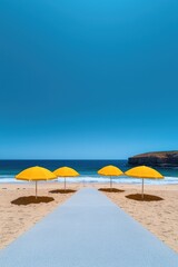 Fototapeta premium Five closed yellow parasols stuck in the sand at random angles, forming a sculptural pattern, soft shadows and warm sunlight, clear blue sky and calm sea in background