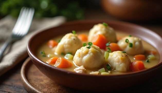 Hearty chicken, dumplings soup with carrots, celery, comforting, savory meal. Delicious homemade dish features fluffy dumplings in flavorful broth, perfect for cold day. Enjoy classic cookery - Powered by Adobe