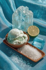 Mint green ice cream, lime, crystals, and sea salt on a blue surface