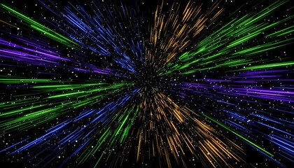 Multicolored streaks radiate outward from center,  starry background