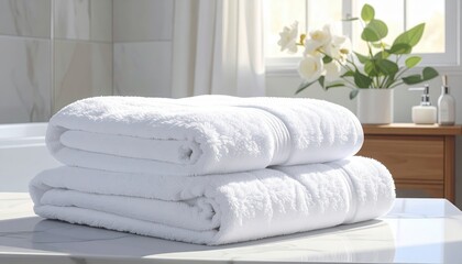 Stacked white towels rest on a marble surface in a bright bathroom, showcasing a clean and luxurious feel.