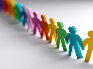 A colorful paper doll chain of people holding hands, symbolizing unity and support on a white background. Isolated cutout cartoon illustration.