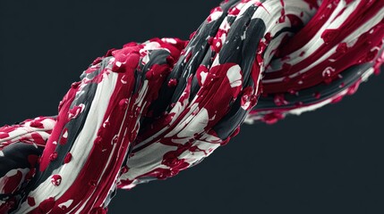Abstract twisted ribbon forms, painted in black, white, and red
