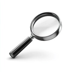3D illustration of a magnifying glass.  Chrome-like lens, black handle.  Isolated on white