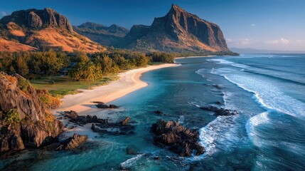 Tropical beach, dramatic mountains, turquoise water