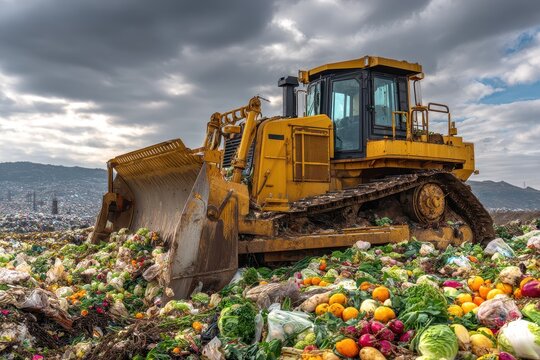 Closeup view of a bulldozer pushing through a landfill filled with discarded fruits and vegetables under a cloudy sky