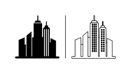 Cityscape building icons in solid and outline styles 1.