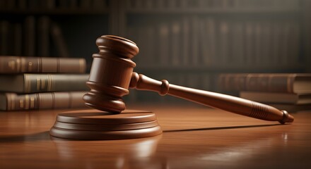 Wooden gavel resting on a wooden desk with books in background