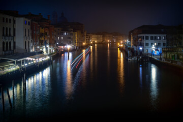 Long exposure view of the Grand Canal at night in Venice, Italy
