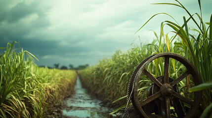 Irrigation Pipe Watering Green Crops at Sunset