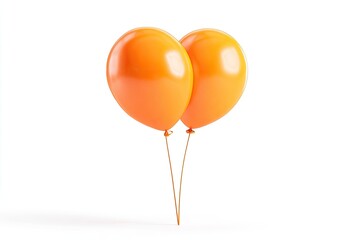 Two vibrant orange balloons, glossy and round, attached to a single stem, against a plain white background
