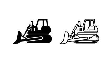 Construction vehicle bulldozer icons in silhouette and outline style.