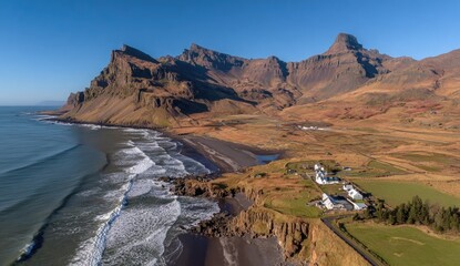 Icelandic coastline, dramatic cliffs, waves crashing