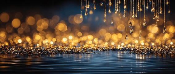 Golden drips on dark surface with bokeh
