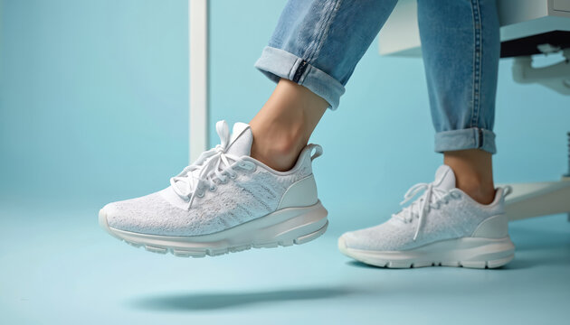 Close-up of white sneakers under office desk. Casual footwear with jeans accents modern workplace comfort. Employee individuality, relaxed work style, light blue background with copy space.