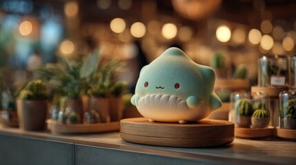 Pastel-colored, kawaii creature figurine on wooden stand, amidst plants
