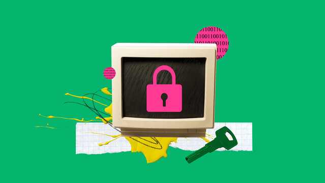Creative collage. Retro computer monitor with pink lock symbol on screen representing data security. Concept of cybersecurity, IT systems, data protection, and privacy awareness.