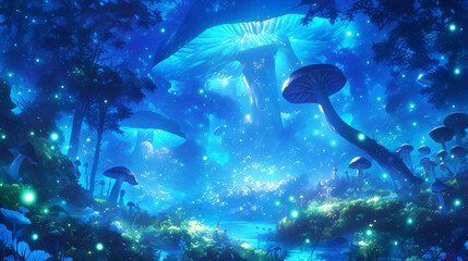 Obraz premium A magical forest full of mushrooms at night