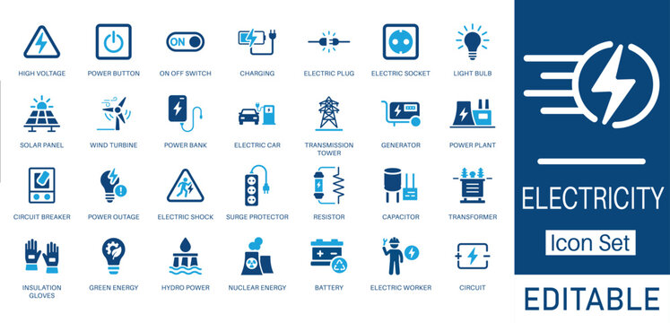 Electricity icon set. Featuring Solar Panel, Electric Car, Power Plant, and High Voltage. Solid icons for renewable energy, electrical engineering, and power distribution.